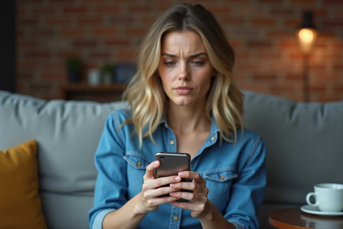 Femme perplexe tenant un smartphone Android affichant une page blanche about:blank dans un salon
