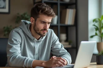 Homme regardant une page about:blank sur son smartphone Android posé sur un bureau en bois