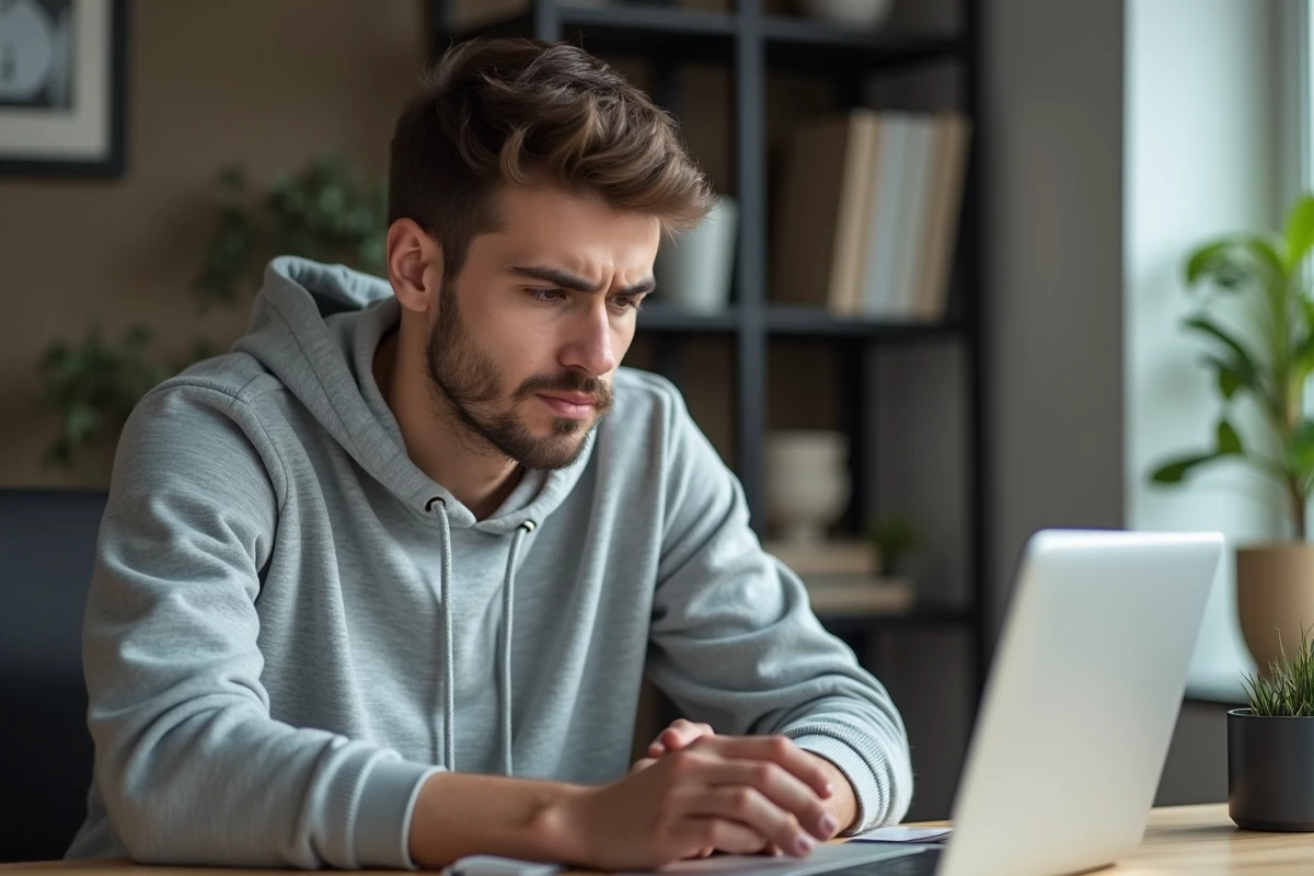 Homme regardant une page about:blank sur son smartphone Android posé sur un bureau en bois