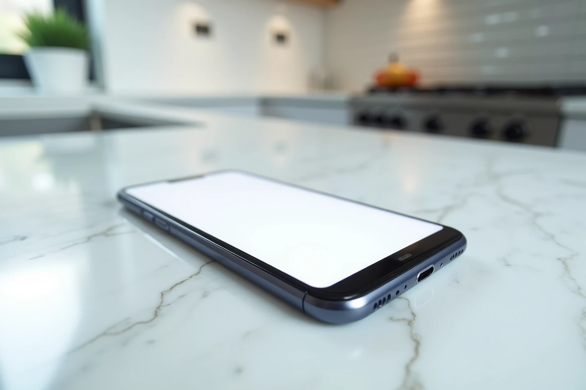 Smartphone Android posé sur une surface en marbre affichant l'URL about:blank dans le navigateur
