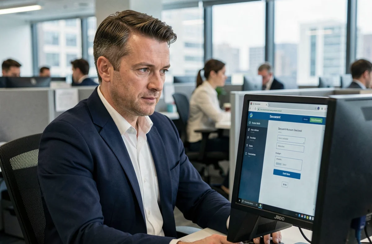 Employé accédant à son espace personnel sécurisé MyPeopleDoc depuis un poste de travail en open space