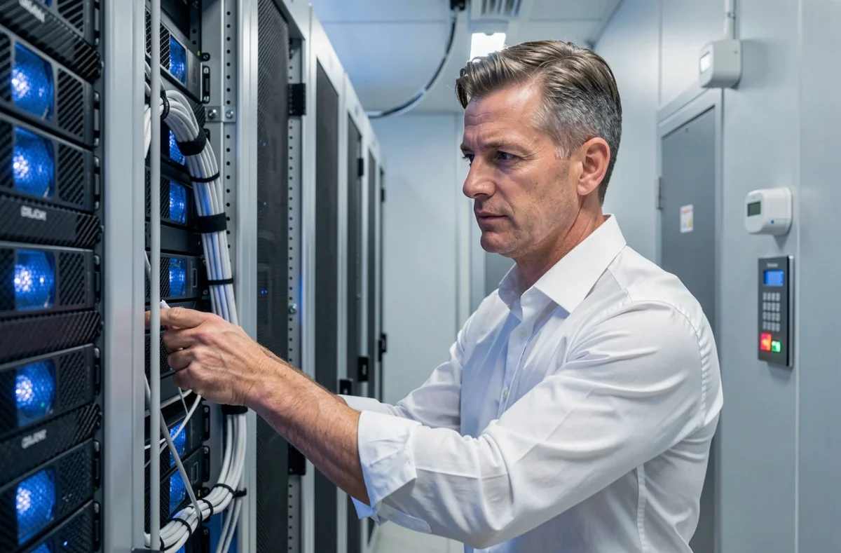 Ingénieur ACI Technology gérant des serveurs dans une salle de datacenter sécurisée