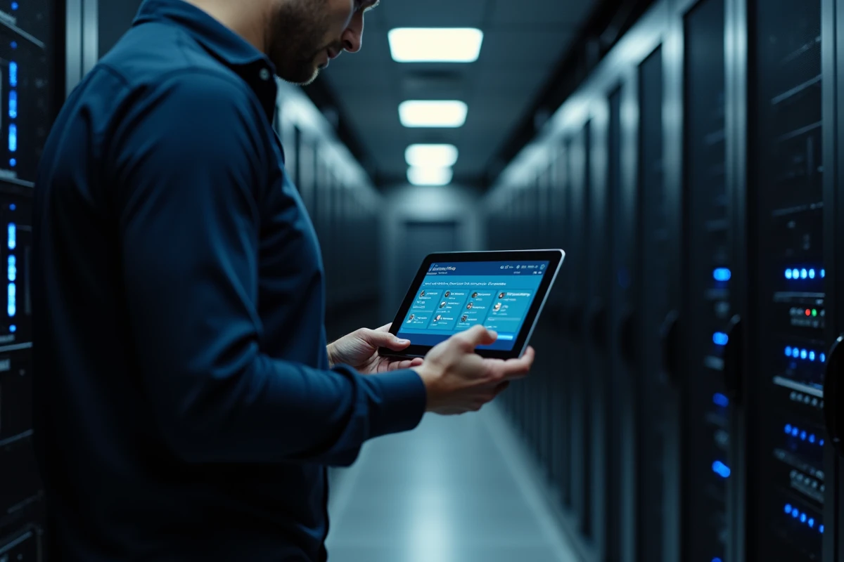 Administrateur système consultant un tableau de bord de gestion des accès et permissions dans une salle de serveurs, symbolisant l'architecture Cerbère et Webmelanie2