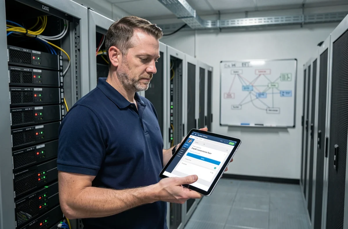 Administrateur système configurant une license key FiveM sur un hébergeur dédié dans une salle de serveurs