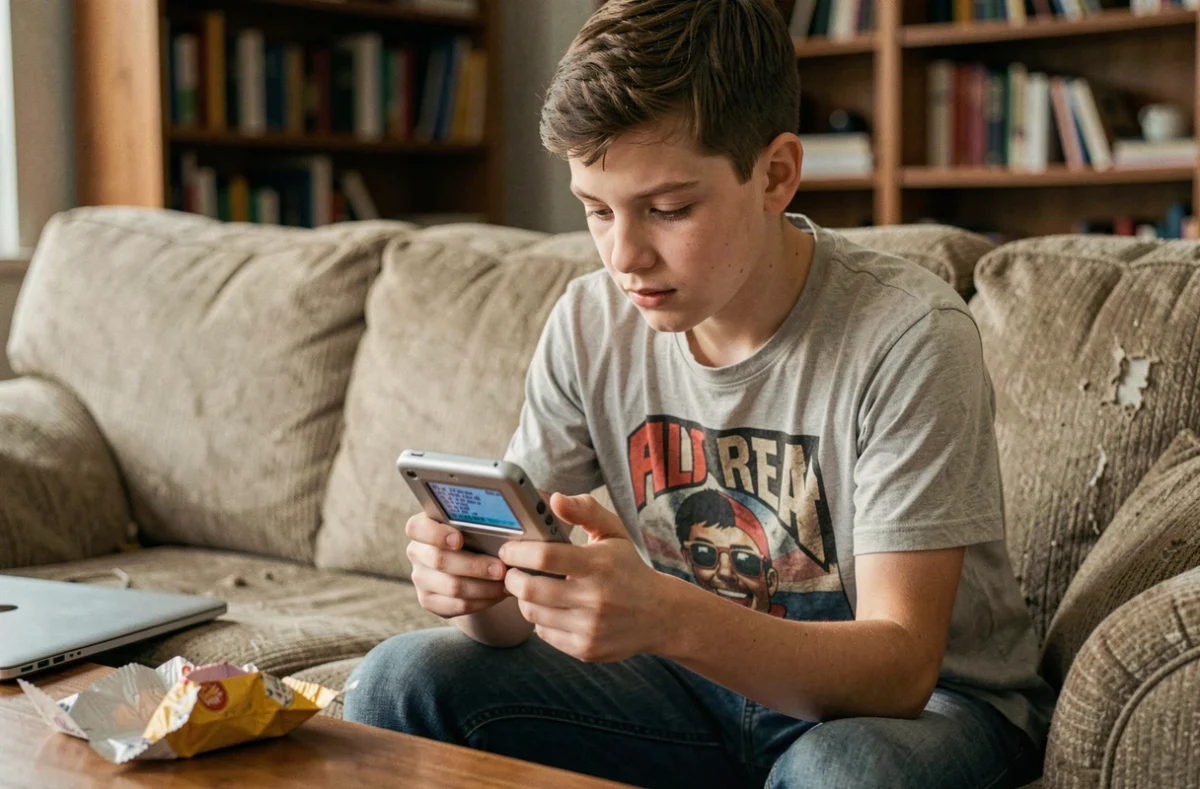 Adolescent utilisant une console portable pour jouer à un jeu rétro, symbolisant le téléchargement de ROMs Pokémon et ses risques