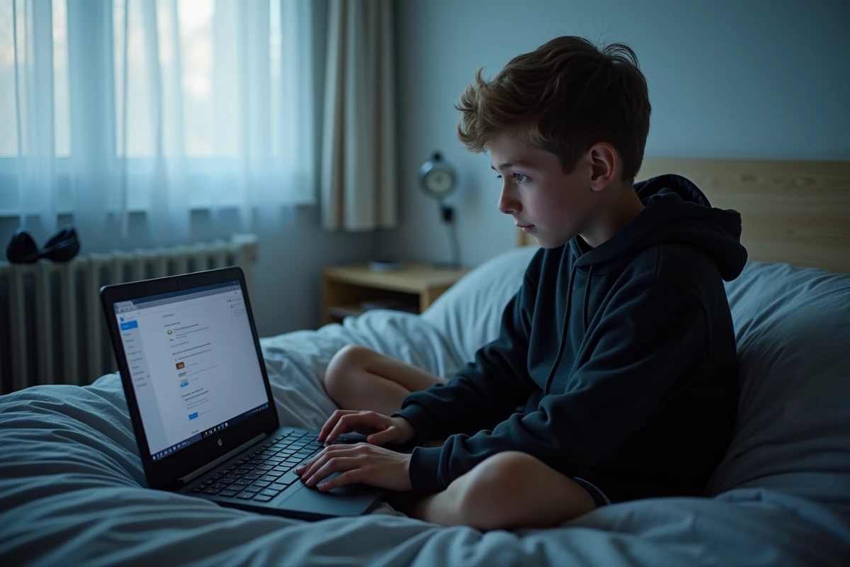 Adolescent sur son lit consultant les paramètres de clavier inversé sur un ordinateur portable