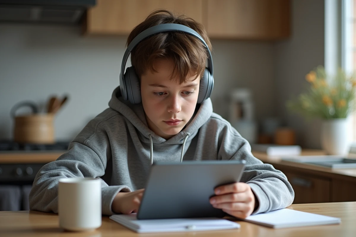 Adolescent concentré utilisant une tablette dans la cuisine