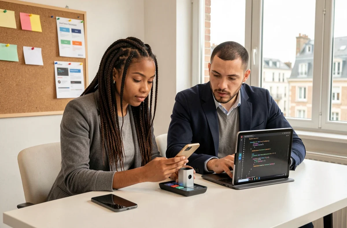 Deux développeurs d'applications mobiles de l'Agence Application Mobile Caen révisant un prototype sur smartphone et tablette