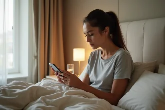 Femme consultant les réglages d'alarme sur iPhone posé sur table de chevet le matin