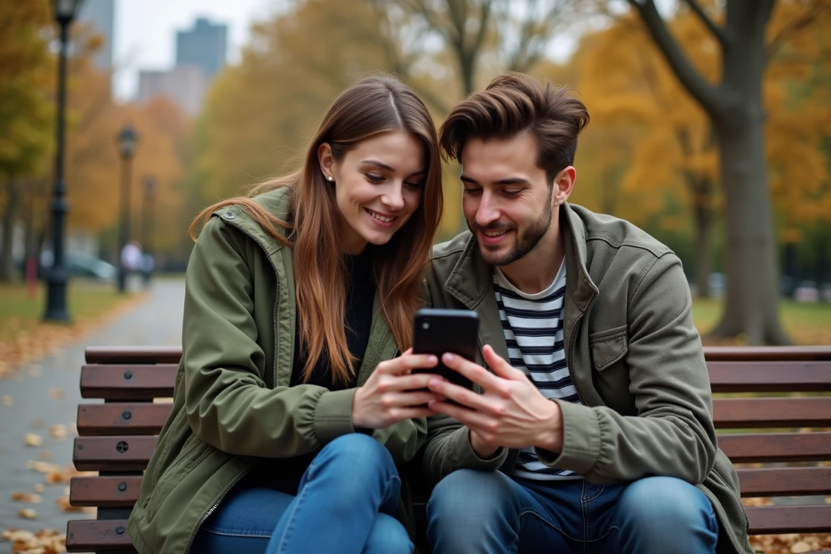 Deux amis consultant une application de conversion YouTube sur mobile dans un parc en automne