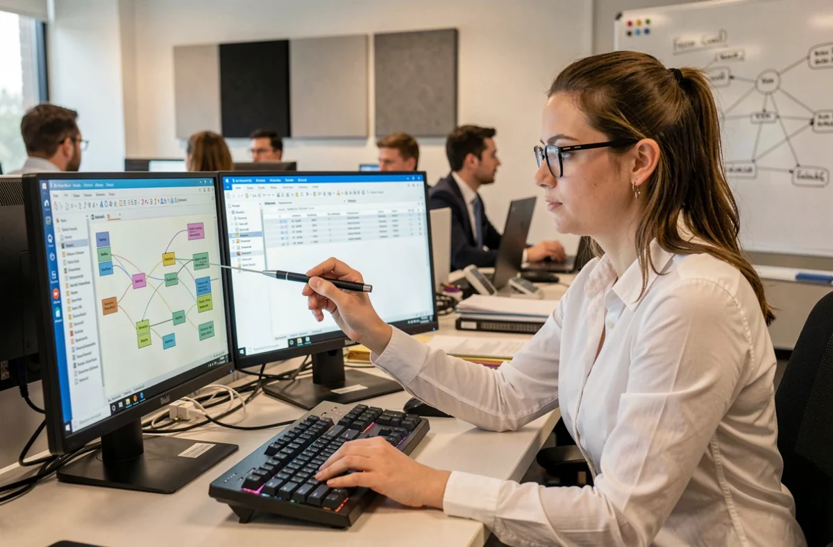 Spécialiste IT analysant des tables de routage VLAN sur un poste de travail avec deux écrans