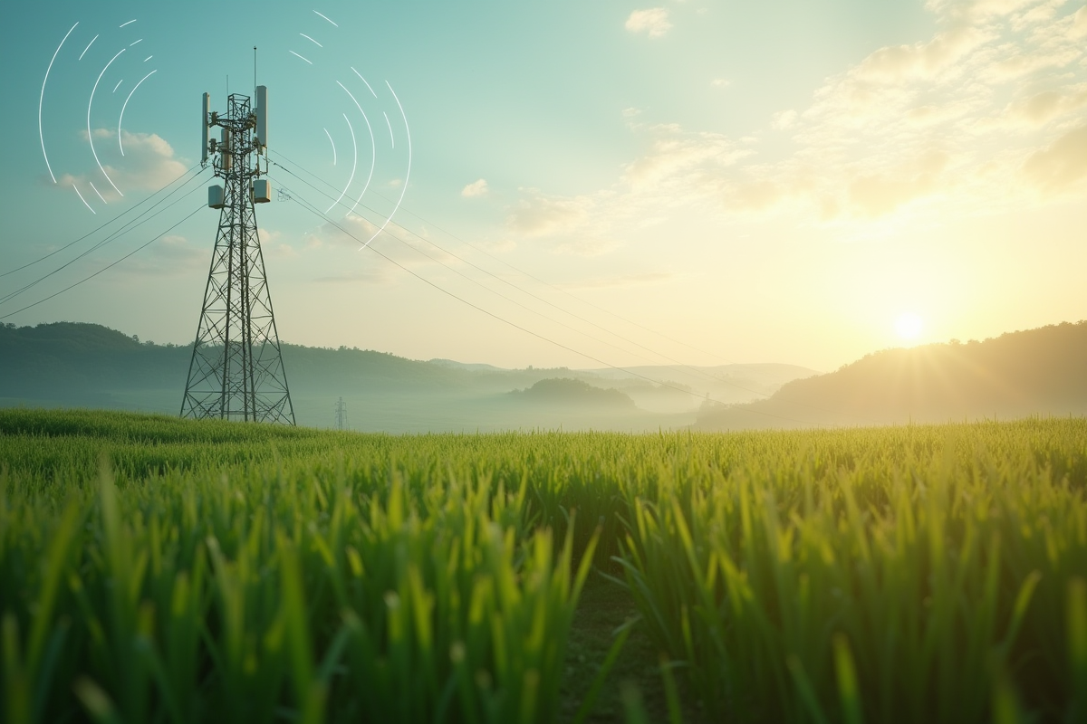 Antenne relais dans la campagne avec signaux 4G et 5G dans le ciel