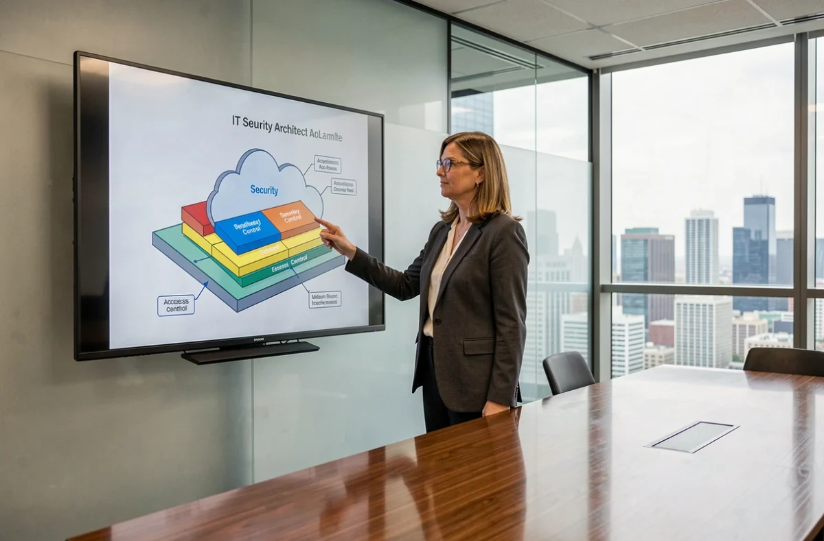 Architecte sécurité cloud présentant un modèle de sécurité en couches pour limiter l'impact d'une faille