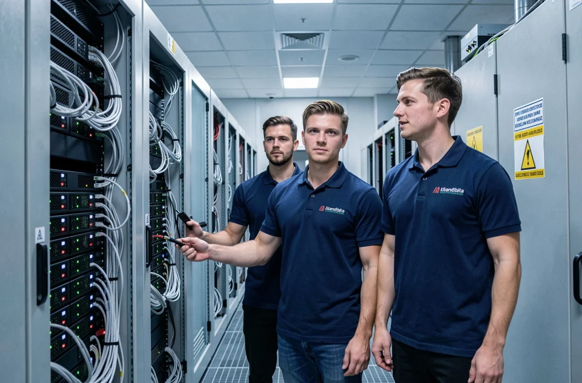Équipe de support informatique Axido travaillant sur des serveurs dans une salle de datacenter équipée