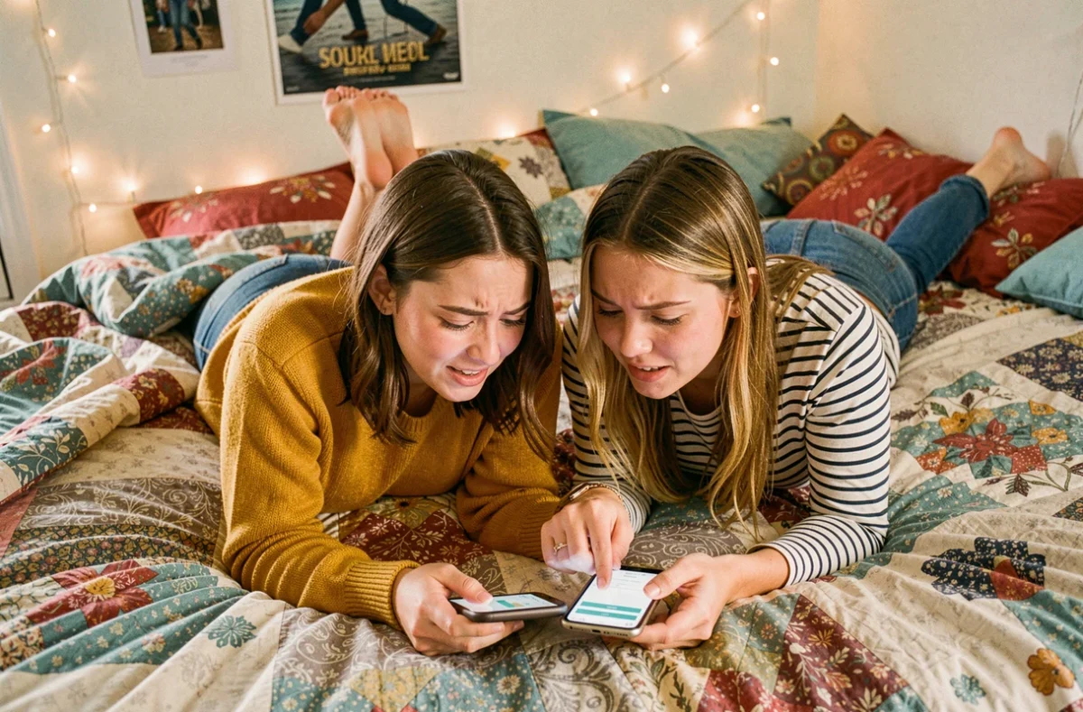 Deux jeunes femmes résolvant un bug de connexion sur Minecraft multijoueur iPhone allongées sur un lit