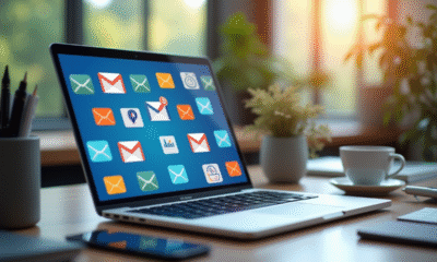 Bureau moderne avec ordinateur affichant logos email