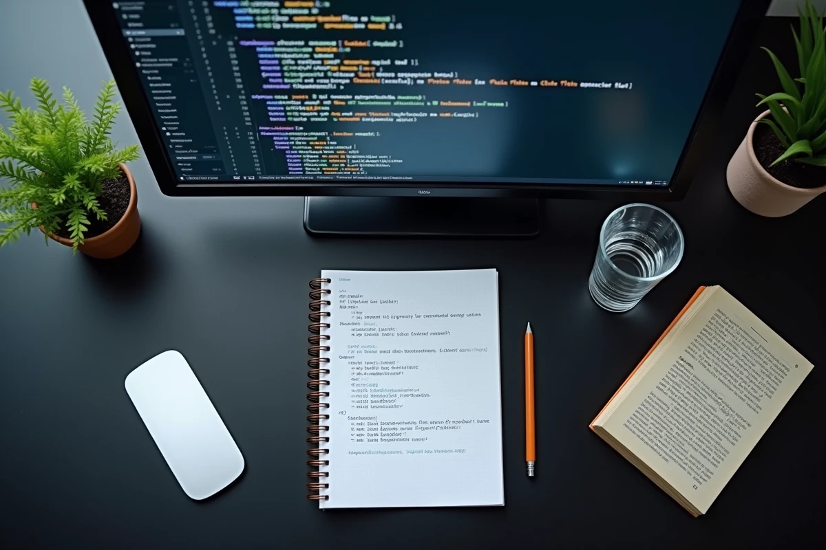 Vue aérienne d'un bureau de programmeur avec code Python liste append affiché sur écran et notes manuscrites