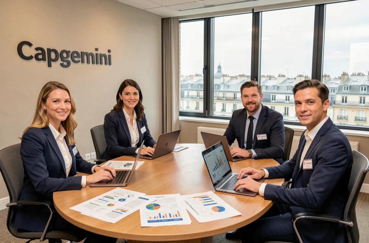 Consultants Capgemini en réunion de stratégie digitale dans un bureau corporate à Paris