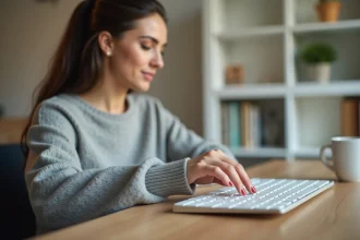 Femme appuyant sur la touche É majuscule d'un clavier AZERTY dans un bureau à domicile