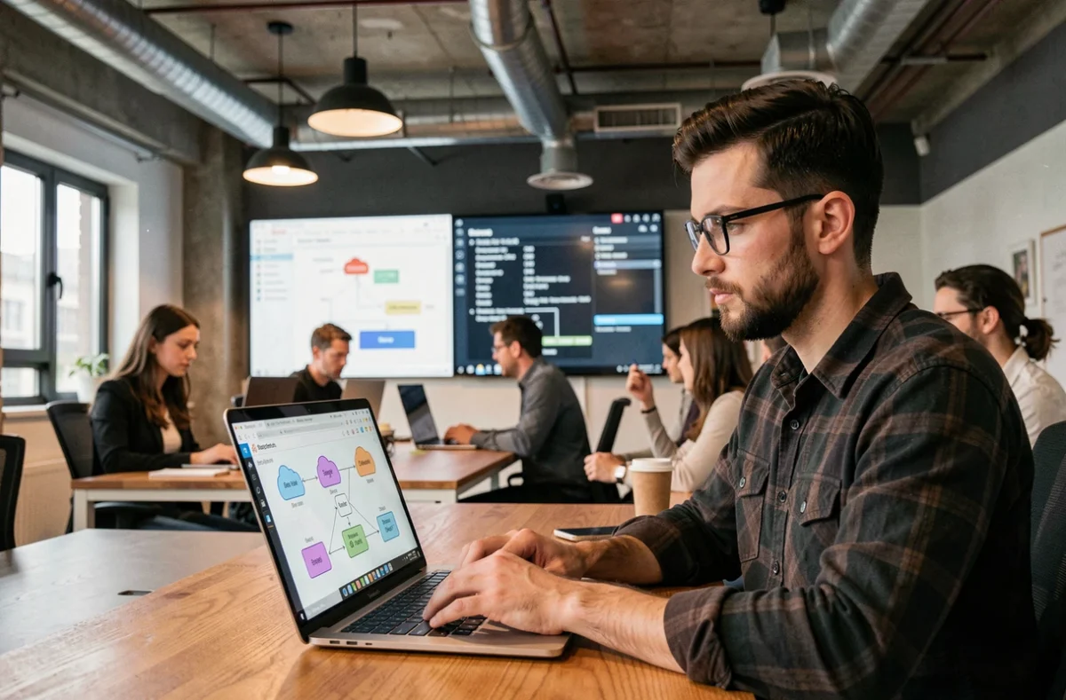 Ingénieur cloud Clustor travaillant sur une architecture de cluster dans un espace de travail collaboratif moderne
