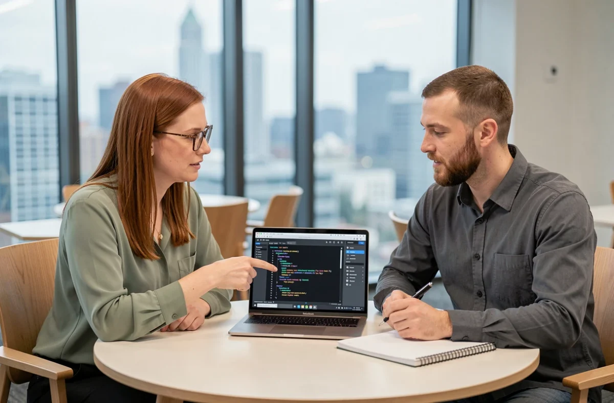 Deux développeurs collaborant sur un outil d'IA pour recréer des composants web accessibles et optimisés SEO en réunion