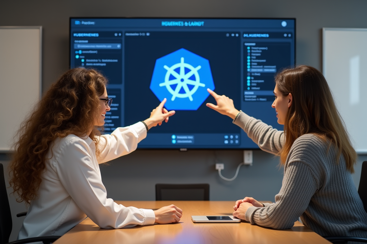 Deux professionnelles IT discutant devant un affichage Kubernetes