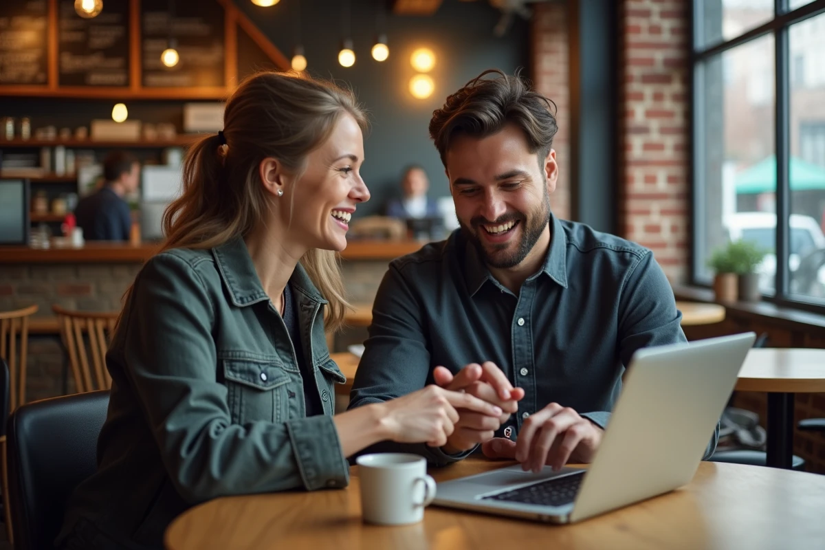 Deux développeurs collaborant sur un miniprojet Python dans un café urbain moderne