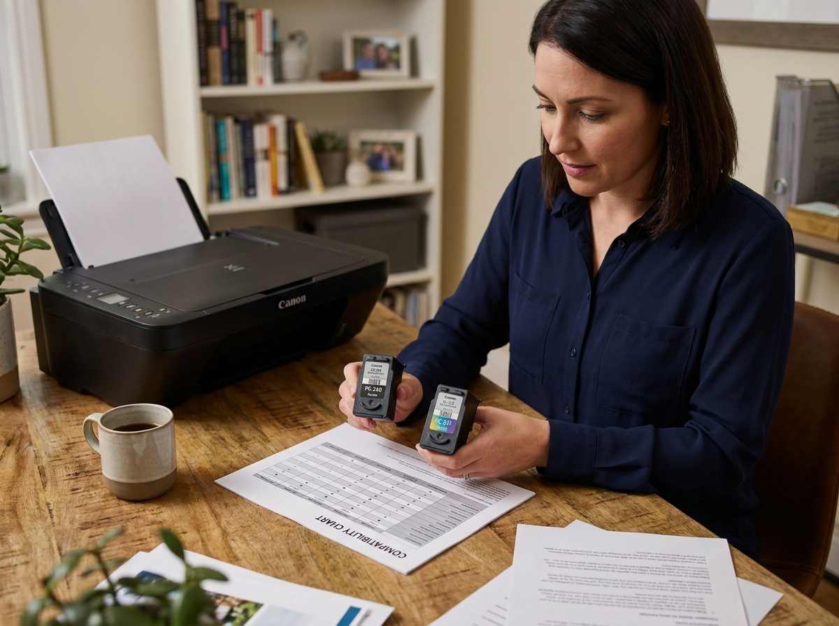 Femme comparant deux cartouches Canon sur un bureau à domicile avec une fiche de compatibilité
