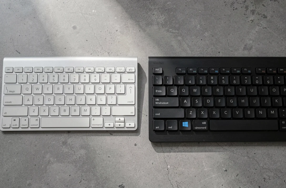 Comparaison côte à côte d'un clavier Apple Magic Keyboard et d'un clavier Windows montrant les différences de touches fléchées
