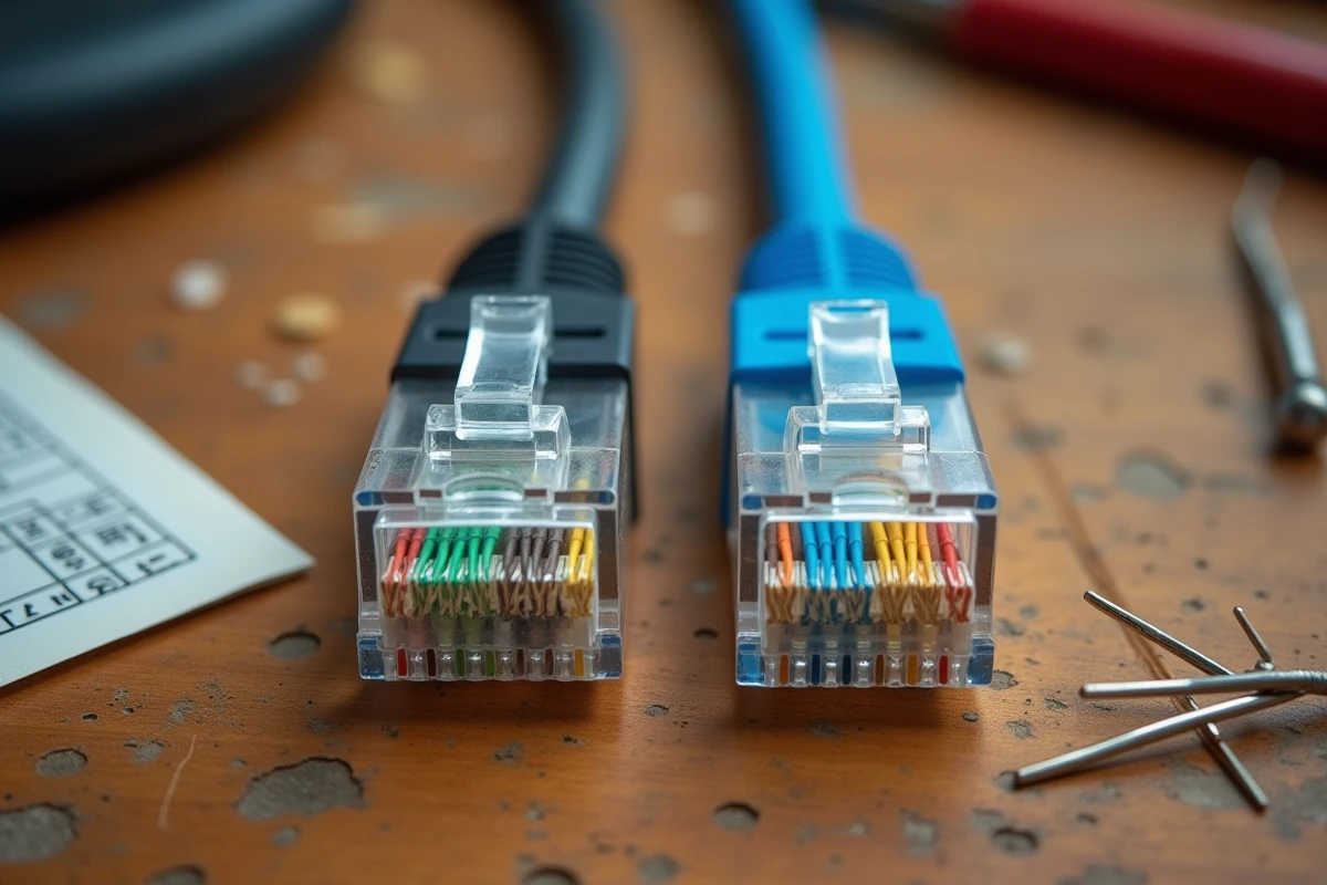 Comparaison de deux connecteurs RJ45 câblés en norme T568A et T568B posés sur un établi, fils colorés visibles