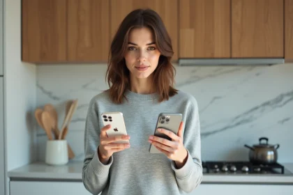 Femme comparant la taille de l'iPhone 12 avec un ancien smartphone dans une cuisine moderne