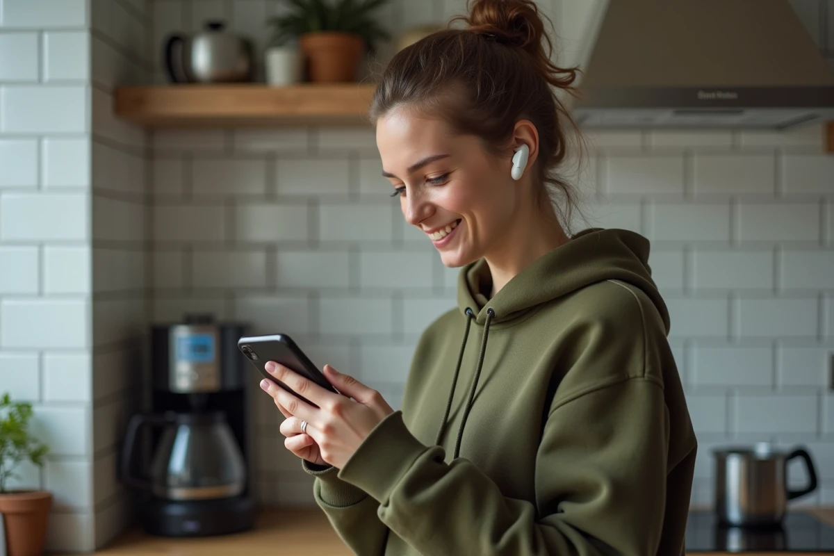 Jeune femme avec écouteurs configurant l'alarme iPhone dans une cuisine moderne