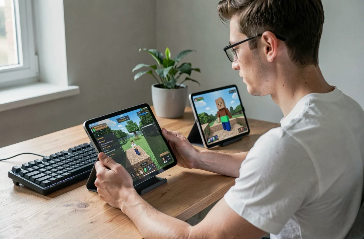 Jeune homme configurant une partie multijoueur Minecraft sur iPad avec deux tablettes posées sur un bureau