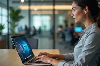 Femme professionnelle se connectant à un portail sécurisé sur son ordinateur portable dans un bureau moderne, illustrant la gestion des accès Webmelanie2 et Cerbère