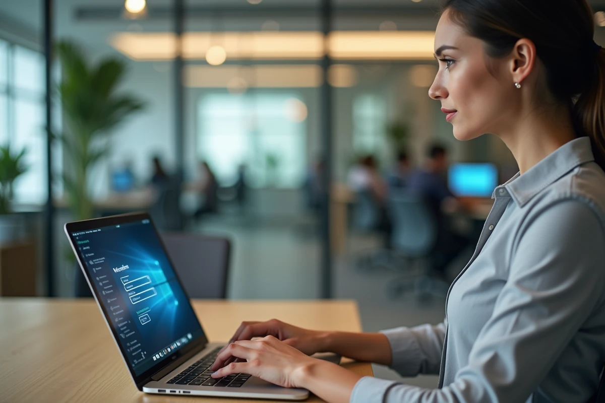Femme professionnelle se connectant à un portail sécurisé sur son ordinateur portable dans un bureau moderne, illustrant la gestion des accès Webmelanie2 et Cerbère