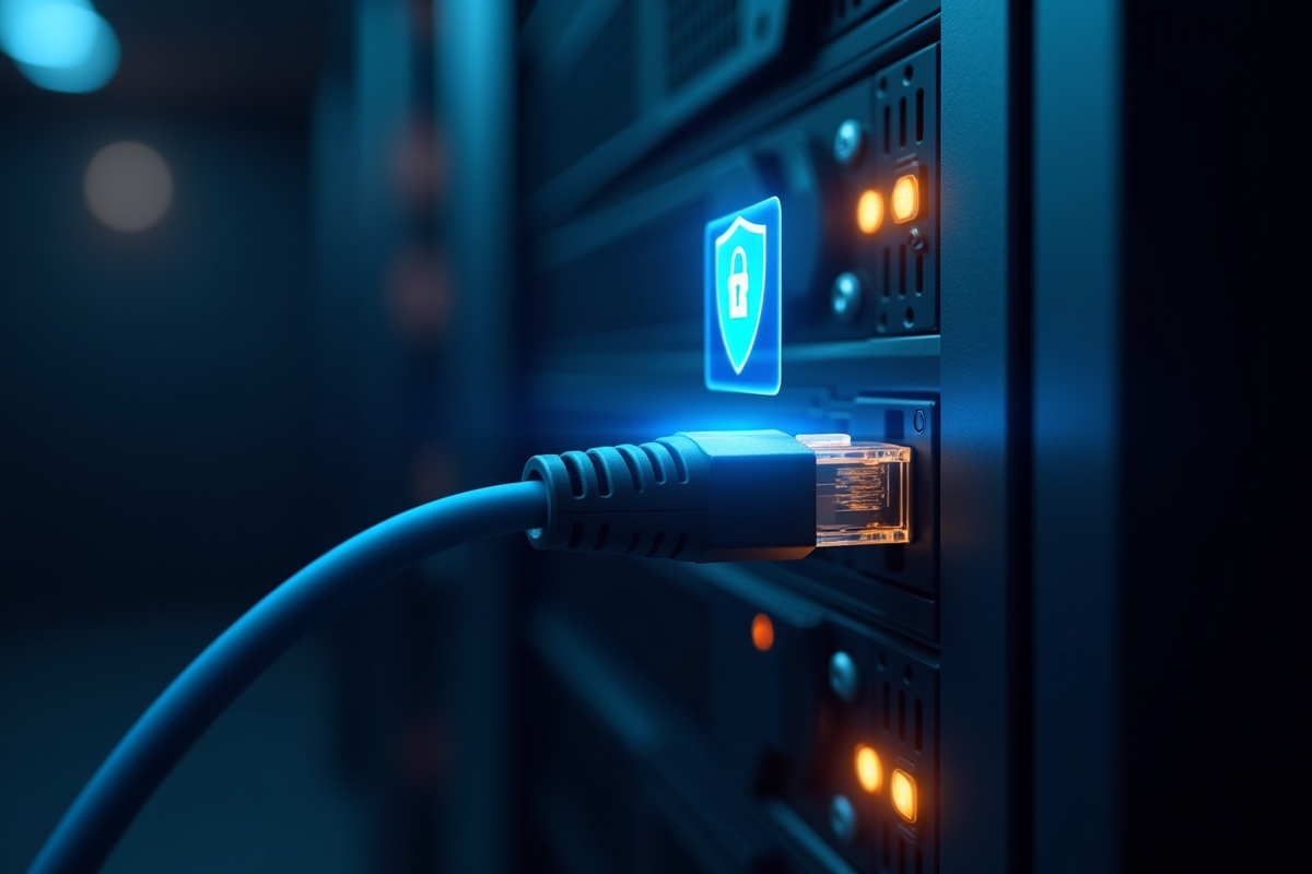 Cable ethernet dans un serveur avec icone de securite
