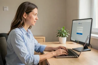 Femme connectée à son compte MyPeopleDoc sur un ordinateur portable dans un bureau à domicile moderne