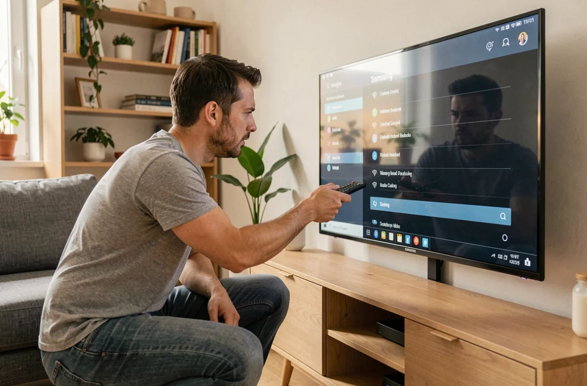 Homme paramétrant la connexion WiFi sur une TV Samsung dans un salon moderne