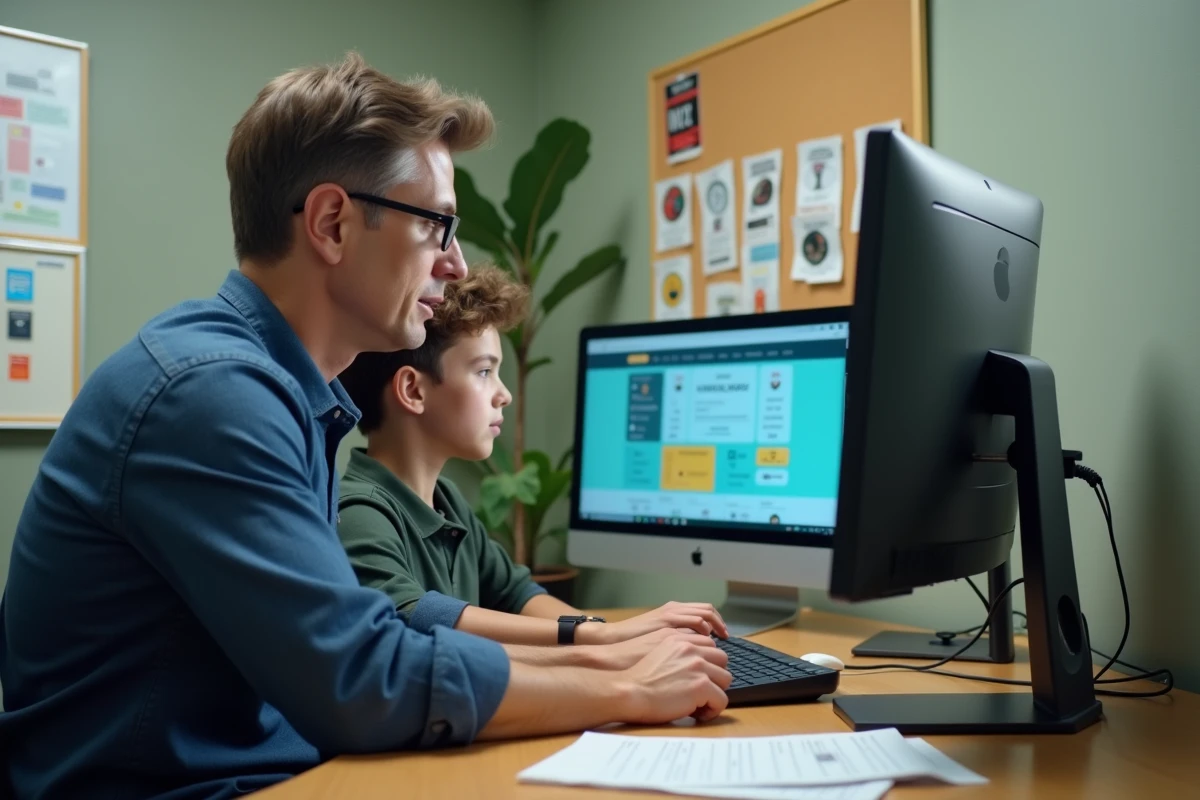 Conseiller d'orientation et élève consultant ensemble une plateforme numérique d'aide à l'orientation dans un bureau scolaire