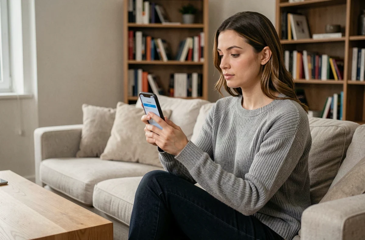 Jeune femme consultant son compte MyPeopleDoc de manière sécurisée sur smartphone depuis son salon