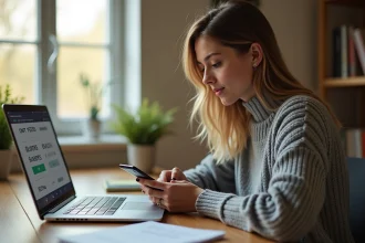 Jeune femme convertissant des gigaoctets en mégaoctets sur un smartphone à son bureau