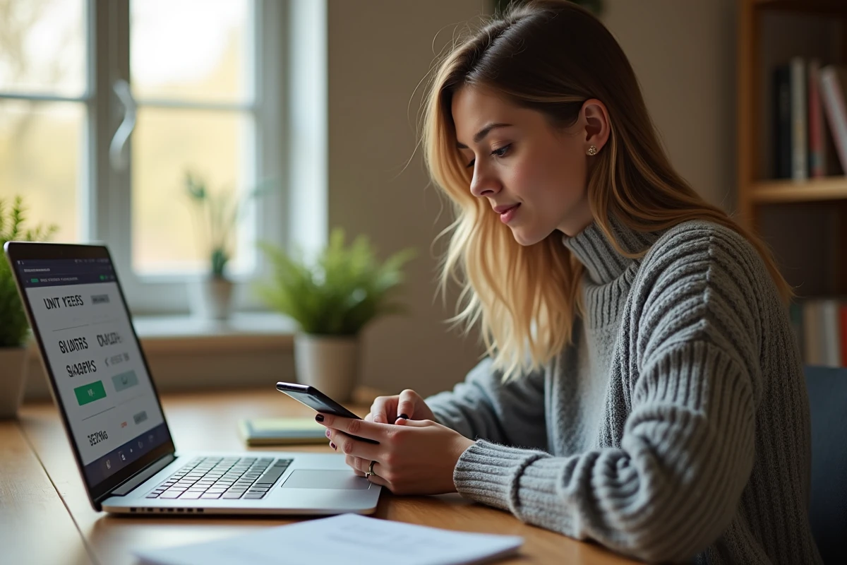 Jeune femme convertissant des gigaoctets en mégaoctets sur un smartphone à son bureau