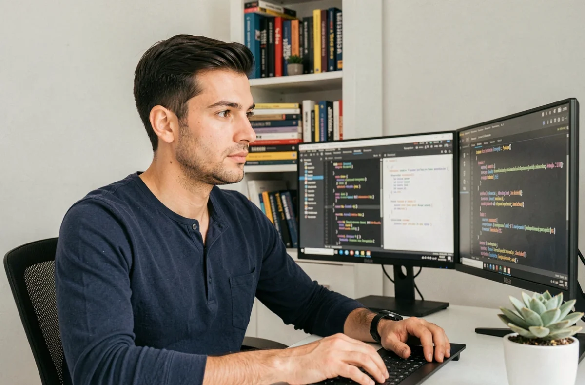 Développeur full-stack Dan Salczer concentré devant deux écrans affichant du code front-end et back-end dans un bureau minimaliste