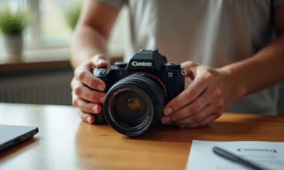Personne déballant un appareil photo neuf sur un bureau lumineux