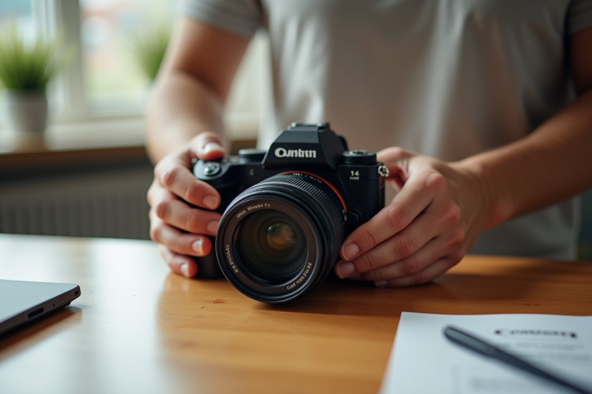 Personne déballant un appareil photo neuf sur un bureau lumineux