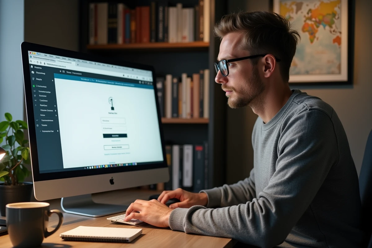 Homme avec lunettes consultant des solutions pour résoudre un problème de connexion webmail depuis son bureau à domicile