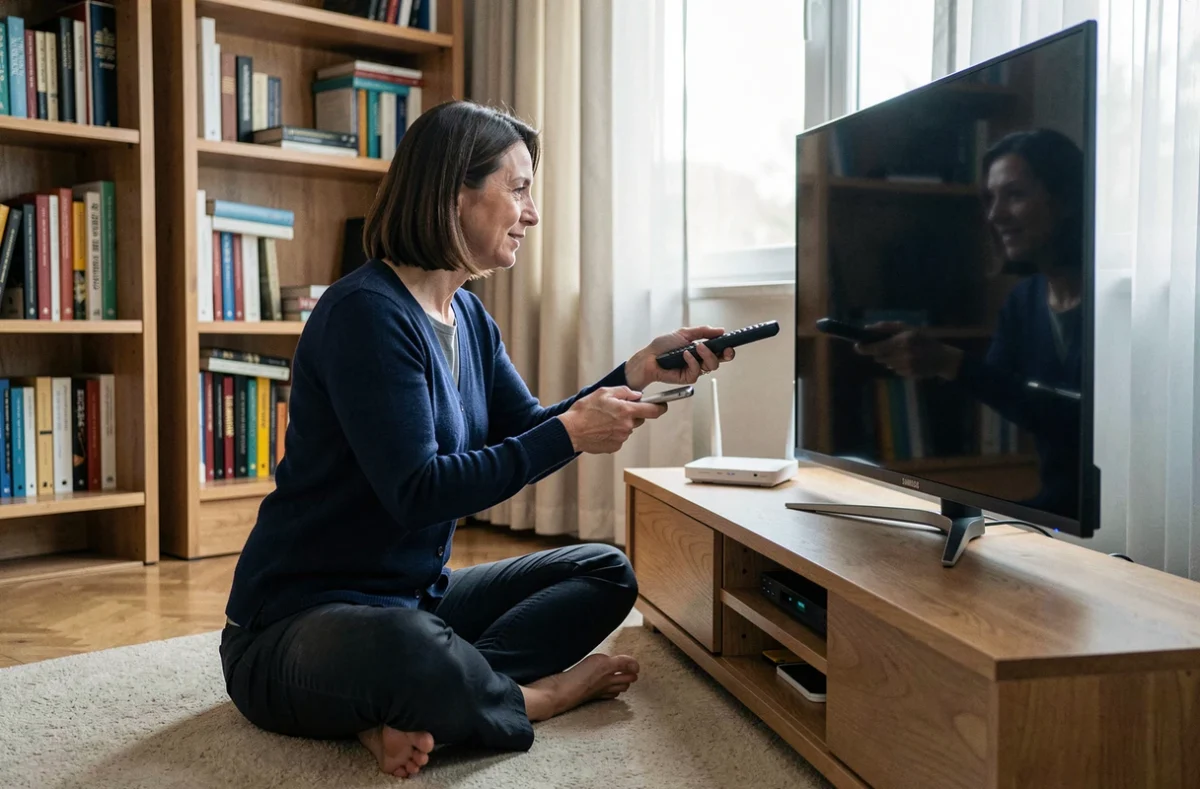Femme dépannant la connexion réseau d'une TV Samsung avec son smartphone