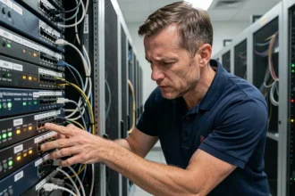 Ingénieur réseau inspectant les câbles et switches VLAN dans une salle de serveurs professionnelle