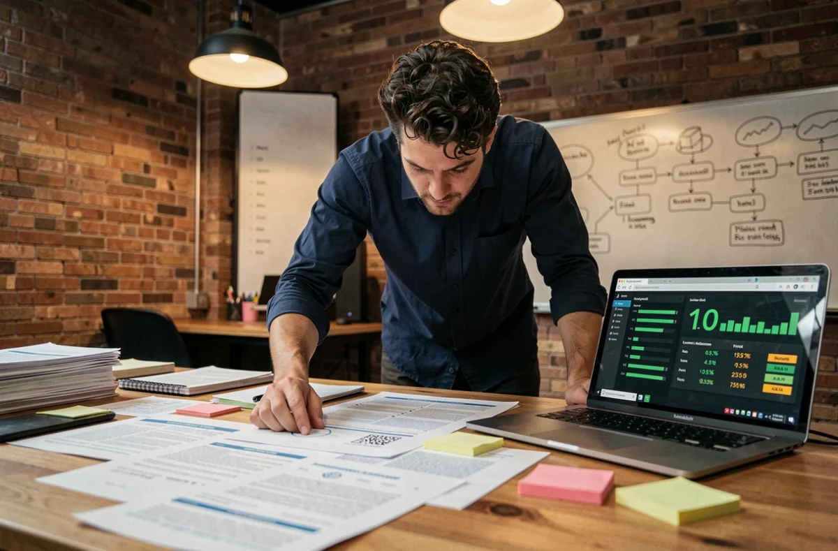 Designer UX évaluant des critères d'accessibilité et de performance SEO sur des documents imprimés et un tableau de bord web
