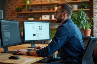 Designer web travaillant sur un site WordPress dans un studio créatif moderne à Reims